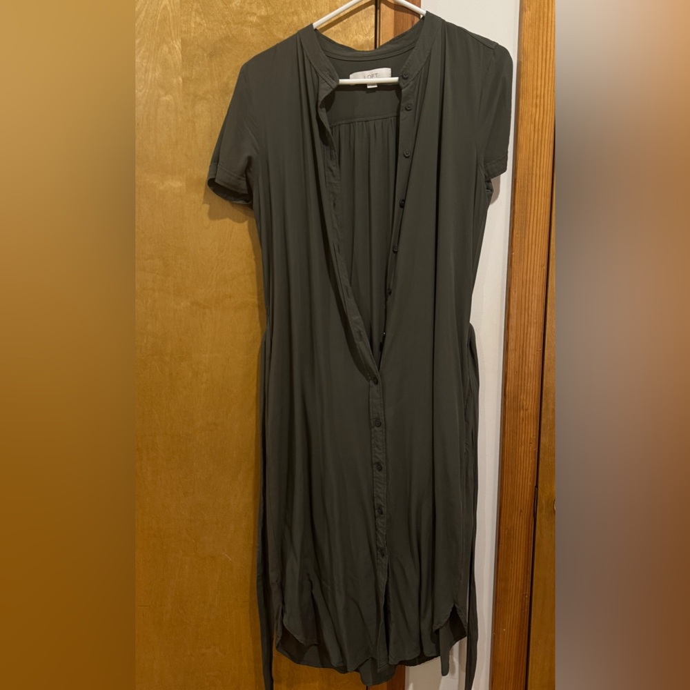 LOFT Khaki Green button dress with tie around waist